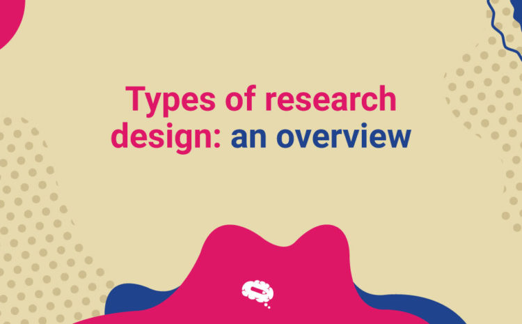 Gambar dengan latar belakang coklat muda, beberapa bentuk berwarna ungu dan merah muda dengan tulisan bertuliskan "Jenis-jenis desain penelitian: gambaran umum" dalam warna merah muda.
