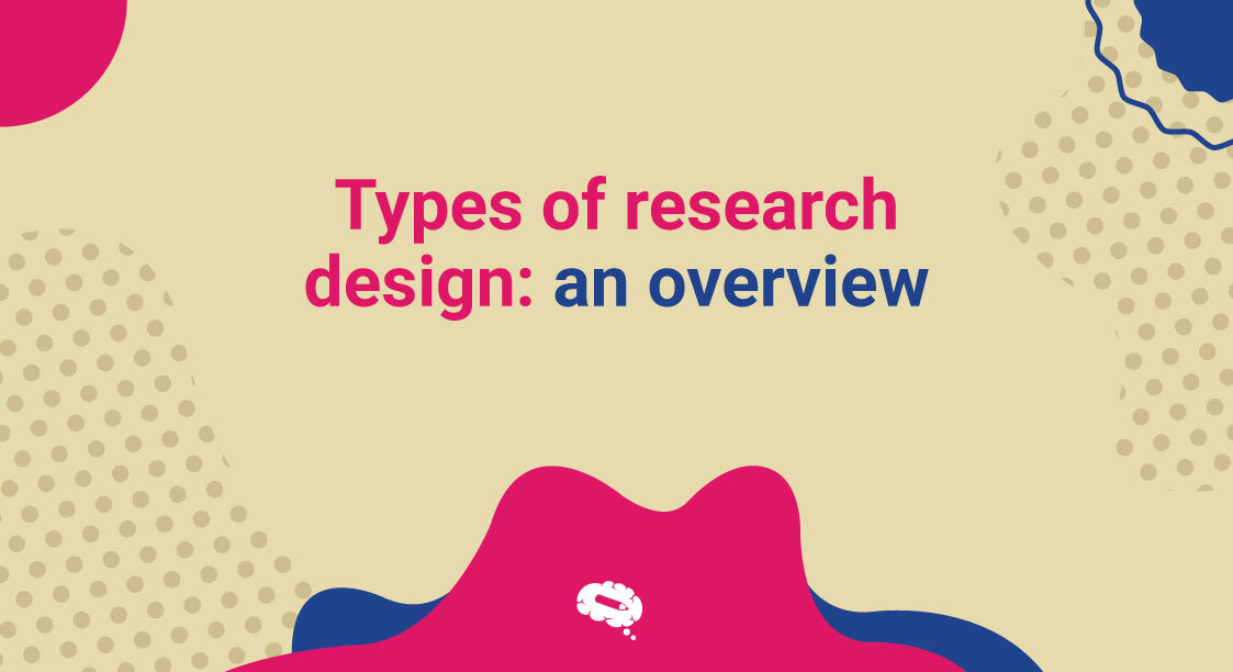 Image with light brown background, some purple and pink shapes with lettering saying "Types of research design: an overview" in pink.