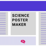 "Template layout for a science poster maker with a central title block reading 'SCIENCE POSTER MAKER,' surrounded by two text columns on either side and purple header and footer sections."