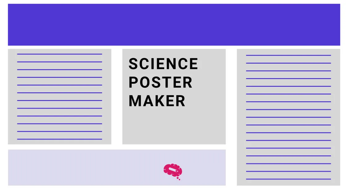 Modèle de mise en page pour un fabricant de posters scientifiques avec un bloc de titre central indiquant "SCIENCE POSTER MAKER", entouré de deux colonnes de texte de chaque côté et de sections d'en-tête et de pied de page violettes.