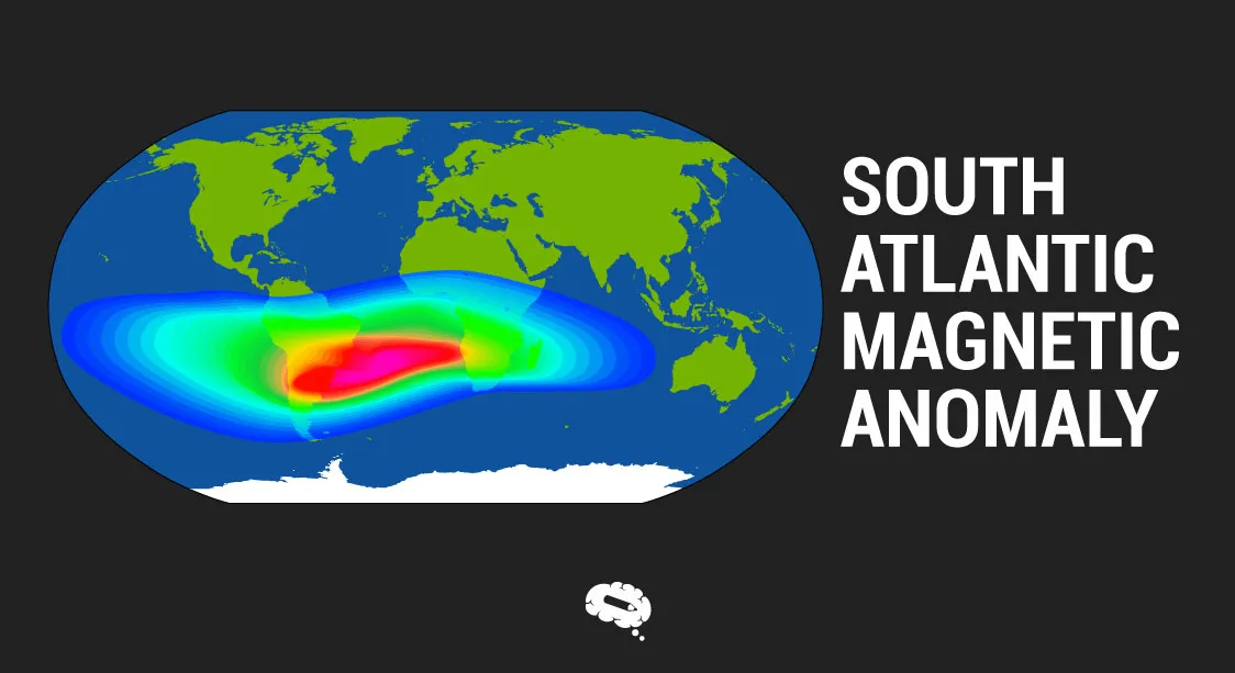 "Map of the South Atlantic Magnetic Anomaly, showing a colored heat map with a concentration of red, yellow, and green representing areas of magnetic weakness over the South Atlantic Ocean, primarily between South America and Africa. The map is set against a dark background with the title 'South Atlantic Magnetic Anomaly' displayed to the right."