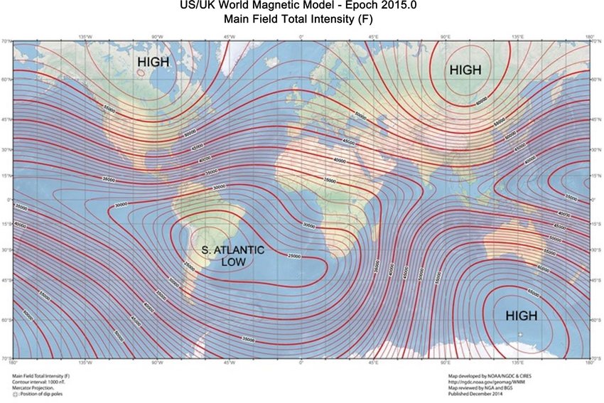 "Verdenskort, der viser fordelingen af jordens magnetfeltintensitet med konturlinjer. Områder med høj intensitet er markeret med 'HIGH' i Nordamerika, Europa og det sydlige Indiske Ocean, mens et svagere område er markeret med 'S. ATLANTIC LOW", som markerer den sydatlantiske magnetiske anomali. Konturintervaller repræsenterer ændringer i magnetfeltets intensitet over hele kloden."