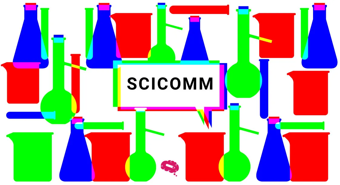 Image with the word 'SciComm' in a speech bubble, surrounded by colorful illustrations of lab equipment, symbolizing science communication.