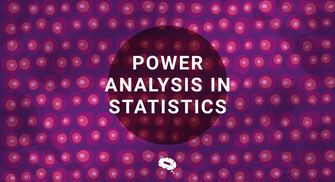 Abstrakter Hintergrund mit roten und violetten Kreismustern und dem Text "Power Analysis in Statistics" in fetten weißen Buchstaben.